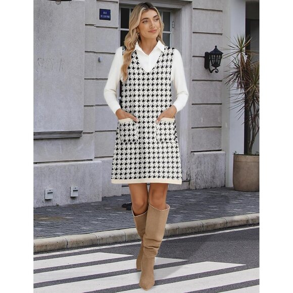 Women's Sweater Vest Dresses V Neck Sleeveless Knit Sweater with Pockets Fall - Picture 5 of 6